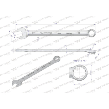Klucz płaskooczkowy extra długi 22mm dł 319mm standard ASME B107.9M  Waryński-23543