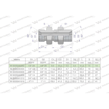 Złączka hydrauliczna calowa grodziowa BB 1/8" BSP z przeciwnakrętką  Waryński