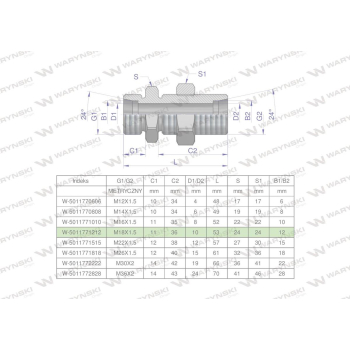 Złączka hydrauliczna metryczna grodziowa BB M18x1.5 12L z przeciwnakrętką  Waryński