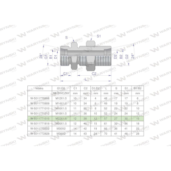 Złączka hydrauliczna metryczna grodziowa BB M22x1.5 15L z przeciwnakrętką  Waryński