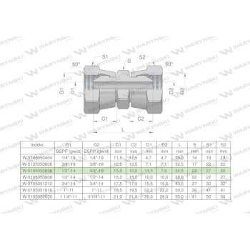 Złączka hydrauliczna redukcyjna calowa AA 3/8" x 1/2" BSP Waryński