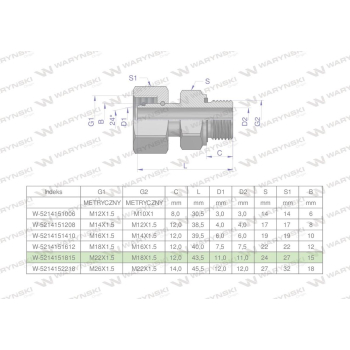 Przyłączka hydrauliczna metryczna AB  M22x1.5 15L x M18x1.5 ED Waryński