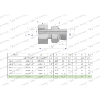Przyłączka hydrauliczna metryczna AB  M26x1.5 18L x M22x1.5 ED Waryński