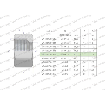 Nakrętka hydrauliczna metryczna  M22x1.5 15L Waryński