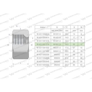 Nakrętka hydrauliczna metryczna  M18x1.5 12L Waryński
