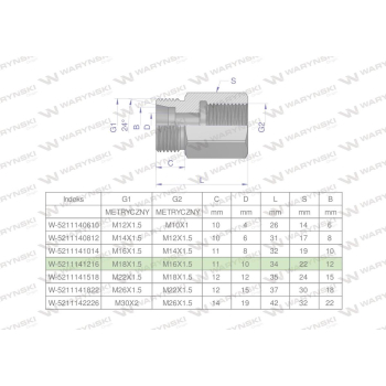 Tulejka różnicowa hydrauliczna metryczna AB M18x1.5 12L GZ x M16x1.5 GW Waryński
