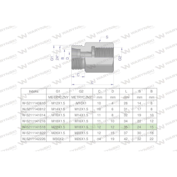 Tulejka różnicowa hydrauliczna metryczna AB M22x1.5 15L GZ x M18x1.5 GW Waryński