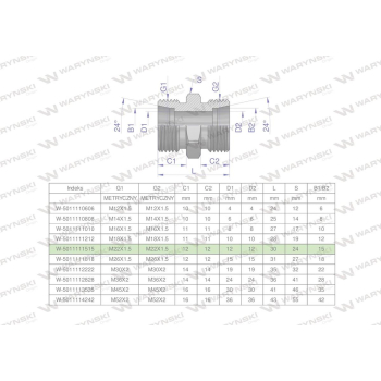 Złączka hydrauliczna metryczna BB M22x1.5 15L  Waryński
