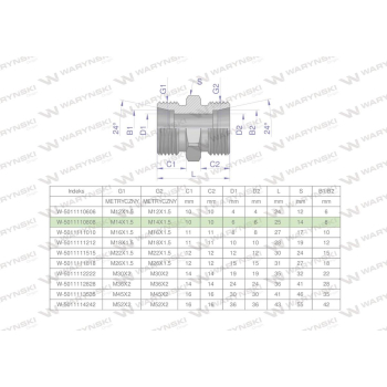 Złączka hydrauliczna metryczna BB M14x1.5 08L  Waryński
