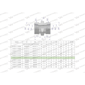 Złączka hydrauliczna metryczna BB M26x1.5 18L  Waryński