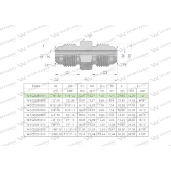 Złączka hydrauliczna calowa BB 7/16" UNF  Waryński