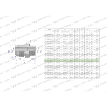 Przyłączka hydrauliczna BB 9/16"UNF  x M22x1.5  Waryński