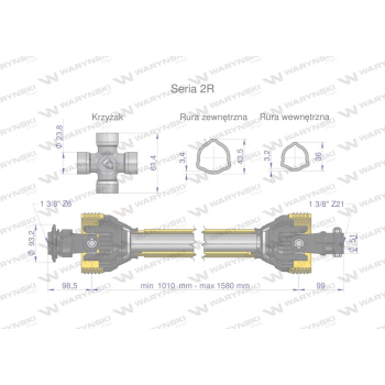 Wał przegubowo-teleskopowy 1010-1580mm 270Nm widłak Z21 skręcany na śrubę 40270 CE seria 2R WARYŃSKI-27476