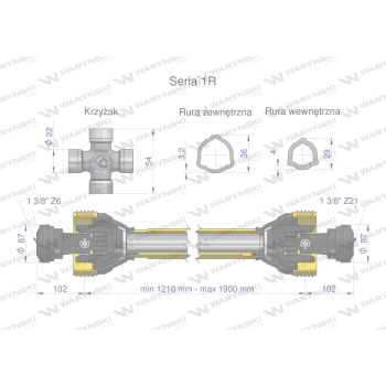 Wał przegubowo-teleskopowy 1210-1900mm 210Nm widłak Z21 od maszyny CE 2020 seria 1R WARYŃSKI-29051