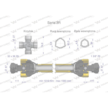 Wał przegubowo-teleskopowy 1010-1560mm 460Nm 32X38 Z8 rosyjski CE 2020 seria 3R WARYŃSKI-29190