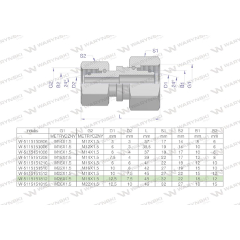Złączka hydrauliczna metryczna AA M26x1.5 18L x M18x1.5 12L Waryński