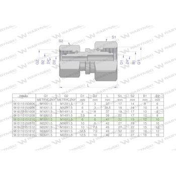 Złączka hydrauliczna metryczna AA M18x1.5 12L x M16x1.5 10L Waryński