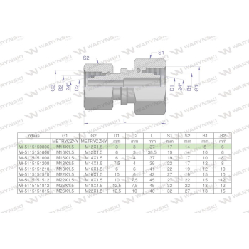 Złączka hydrauliczna metryczna AA M14x1.5 08L x M12x1.5 06L Waryński