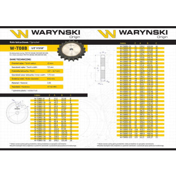 Koło zębate hartowane tarcza 08B-1 (R1 1/2) Z-16 Waryński-30466