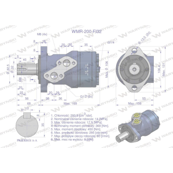 Silnik hydrauliczny orbitalny WMR 200 cm3/obr z wałkiem fi 32mm (140 bar / max.200 bar) Waryński-31854
