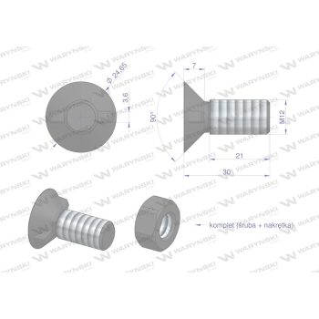 Śruba kpl. płużna dwunoskowa większy łeb M12x30 mm kl.12.9 Waryński-34981