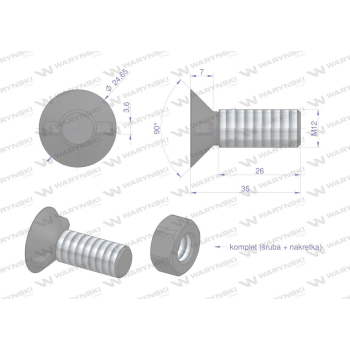 Śruba kpl. płużna dwunoskowa większy łeb M12x35 mm kl.12.9 Waryński-34984