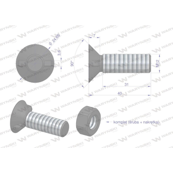 Śruba kpl. płużna dwunoskowa większy łeb M12x40 mm kl.12.9 Waryński-34987