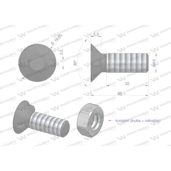 Śruba kpl. płużna dwunoskowa większy łeb M10x30 mm kl.10.9 Waryński-34993