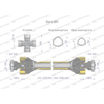 Wał przegubowo-teleskopowy 1010-1540mm 1240Nm Z20 - 1 3/4  z dwóch stron CE 2020 seria 8R Waryński-35283
