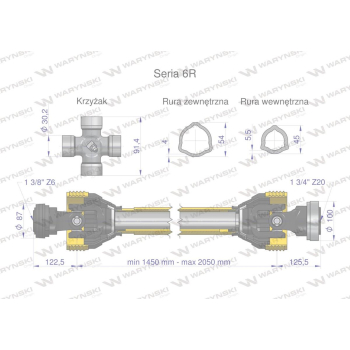 Wał przegubowo-teleskopowy 1450-2050mm 830Nm Z20 - 1 3/4 CE 2020 seria 6R Waryński-35320