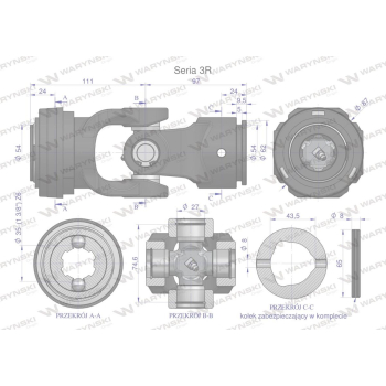 Przegub kompletny z krzyżakiem 27X74.6 seria 3 do rury zewnętrznej 43.5mm Waryński-35328