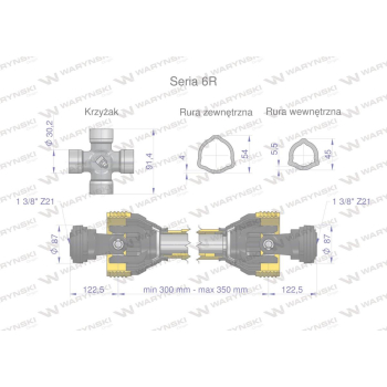Wał przegubowo-teleskopowy 300-350mm 830Nm Z21 z dwóch stron CE 2020 seria 6R Waryński APL00126 długość 430-35373