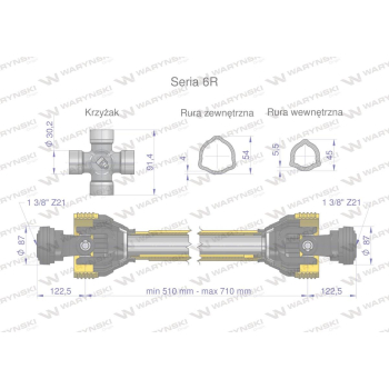 Wał przegubowo-teleskopowy 510-710mm 830Nm Z21 z dwóch stron CE 2020 seria 6R Waryński-35435