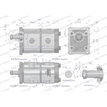 Pompa hydrauliczna zębata podwójna 16+8 cm3 (grupa 2+2 - typ europejski) wałek 1:8 przyłącza gwintowane (obroty pra