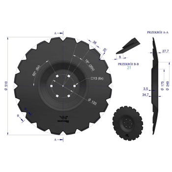 Talerz uzębiony Z-20 fi 510 mocowanie 6/120 grubość 3.5 mm przetłoczony stal borowa WARYŃSKI R-35980