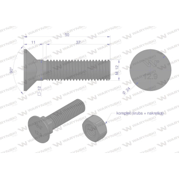 Śruba kpl. płużna podsadzana D 608 M12x50 mm kl.12.9 zastosowanie ząb SX Waryński-36009