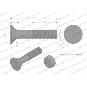 Śruba kpl. płużna podsadzana D 608 M12x60 mm kl.12.9 Waryński-36011