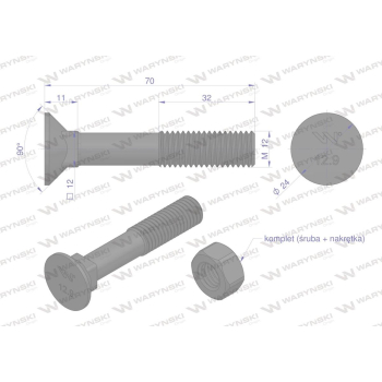 Śruba kpl. płużna podsadzana D 608 M12x70 mm kl.12.9 zastosowanie Gruber Waryński-36013