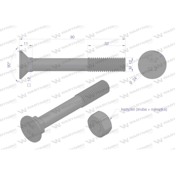 Śruba kpl. płużna podsadzana D 608 M12x90 mm kl.12.9 zastosowanie Gruber Waryński-36017