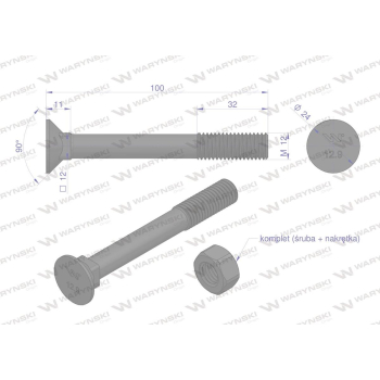 Śruba kpl. płużna podsadzana D 608 M12x100 mm kl.12.9 Waryński-36019