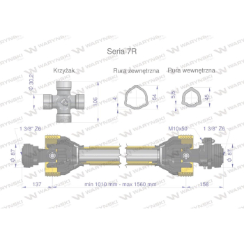 Wał przegubowo-teleskopowy 1010-1560mm 970Nm sprzęgło z kołkiem 2200Nm CE 2020 seria 7R Waryński-36036