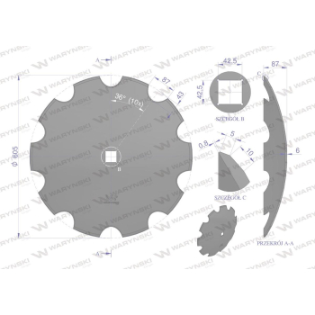 Talerz uzębiony Z-10 fi 610 otwór 40x40 grubość 6 mm stal borowa WARYŃSKI R-36145