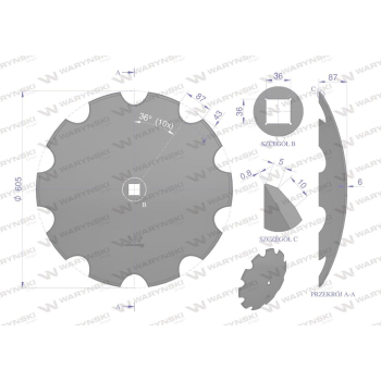Talerz uzębiony Z-10 fi 610 otwór 35x35 grubość 6 mm stal borowa WARYŃSKI R-36147
