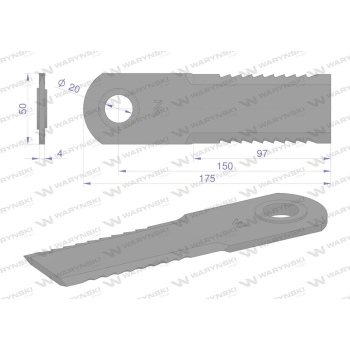 Nóż obrotowy rozdrabniacz słomy sieczkarnia uzębiony 173x50x4mm otwór 20 z tuleją zastosowanie 755784.1 Claas Lexi