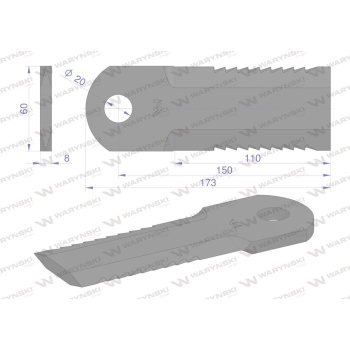 Nóż obrotowy rozdrabniacz słomy sieczkarnia uzębiony 173x60x8mm otwór 20 zastosowanie 270093250 Krone WARYŃSKI-384