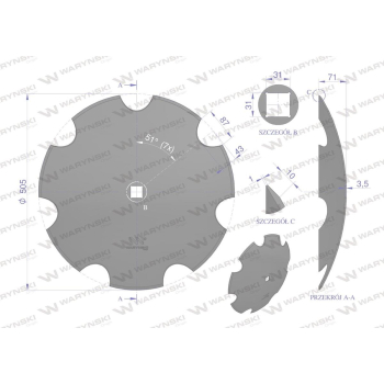 Talerz uzębiony Z-7 fi 510 otwór 30x30 stal borowa WARYŃSKI R 1242050040 1279201020-39036