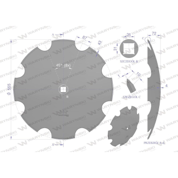 Talerz uzębiony Z-8 fi 560 otwór 30x30 stal borowa WARYŃSKI R 1279601010 1202030130-39038
