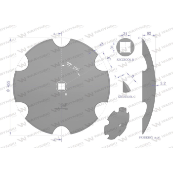 Talerz uzębiony Z-6 fi 460 otwór 30x30 stal borowa WARYŃSKI R 1202030150-39044
