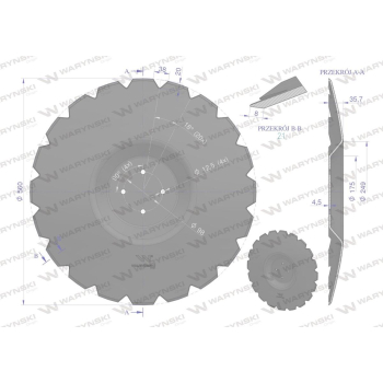 Talerz uzębiony Z-20 fi 560 mocowanie 4/98 grubość 4.5 mm przetłoczony stal borowa WARYŃSKI R-39208