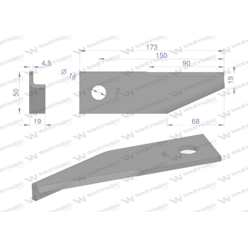 Nóż obrotowy rozdrabniacz słomy sieczkarnia podgięty lewy 173x50x4.5mm otwór 18 zastosowanie 87031976 New Holland W